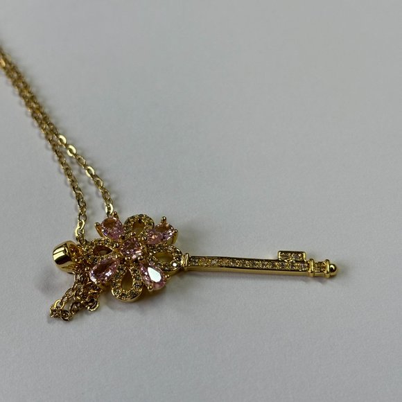 Gold 2 ct Zircon and Rose Quartz Pendant Necklace - Picture 15 of 17
